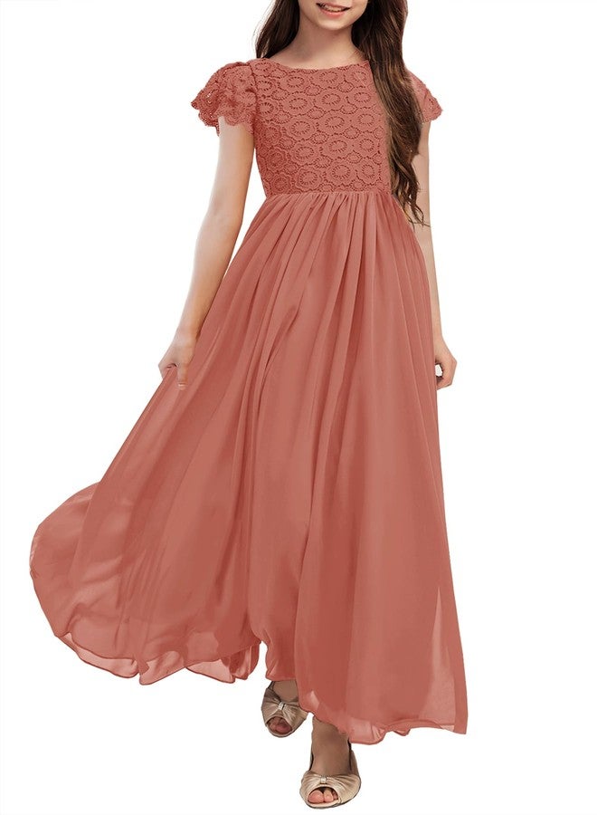 HOSIKA Girls Summer Short Sleeve Vintage Wedding Guest Princess Floor Length Dress Rust - Image 1